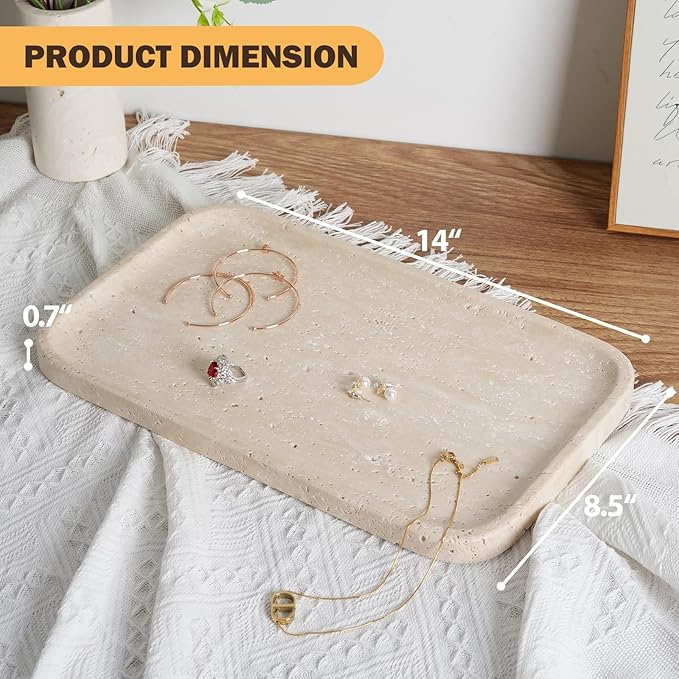Travertine Vanity Tray, Stone Bathroom Tray for Countertop, 14'' Marble Decorative Dresser Trays, Large Serving Trays for Kitchen Counter, Storage for Kitchen Sink, Perfume, Jewelry Holder