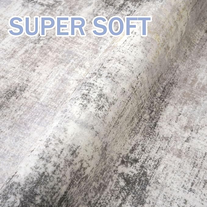 IOHOUZE Abstract Runner Rug 2x5 Ft Washable Runners for Hallways, Non Slip Kitchen Runner Printed Faux Wool Entryway Runner Indoor, Modern Abstract Floor Carpet for Hall Kitchen Bedroom, Grey Beige