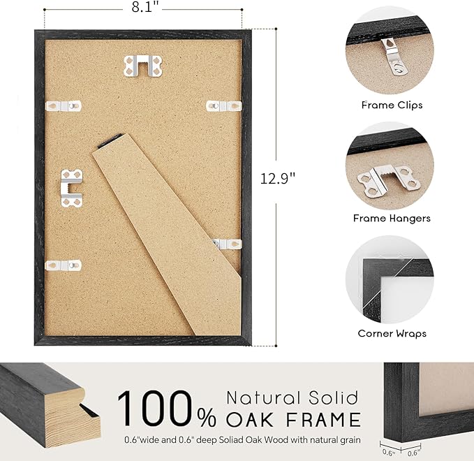 8x12 Oak Wood Picture Frams - Minimalist 8x12 Oak Wood Frames, 8"x12" Picture Frame Wood, Natural Solid Wooden Picture Frames for Wall Art Photo and Prints(3 Pack, Black)