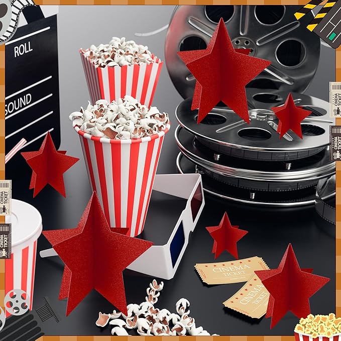 70 Pcs Red Star Centerpieces for Movie Night Party Decorations 3D 2025 Graduation Table Decor 3 Sizes 8" 5" 3" Red Carpet Film Show Theme Birthday Party Back to School Table Decor