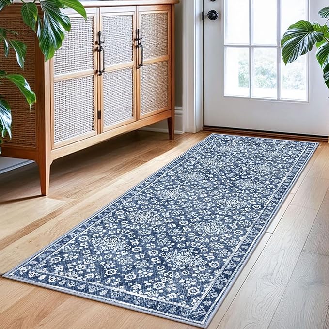 Vintage Washable 2x5 Rug Runner, Denim Blue White Runners for hallways, Super Soft Kitchen Runner Rug Non Slip, Printed Faux Wool Floral Thin Carpet Runner for Entryway Laundry Room Bedroom