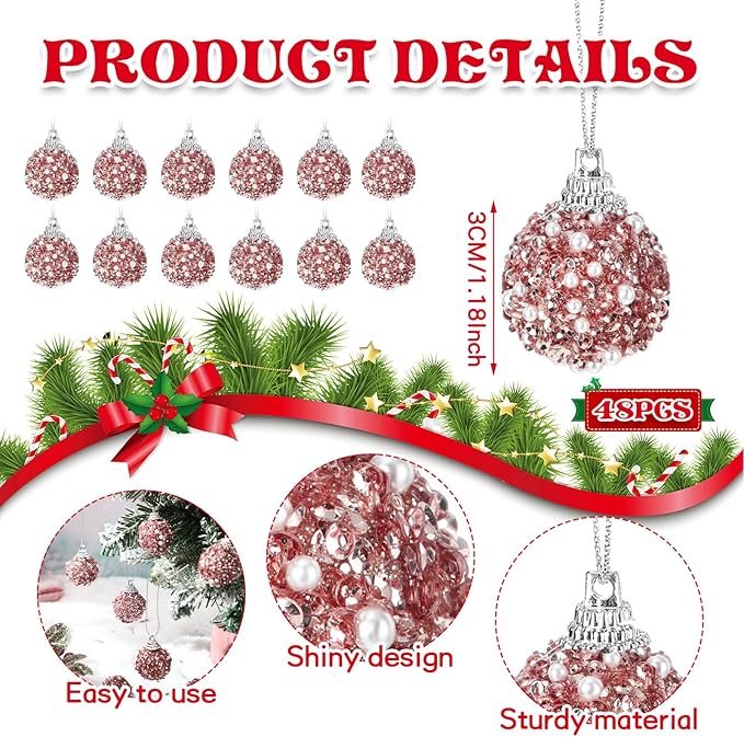 Liliful 48 Pcs 1.18 Inch Mini Christmas Ball Ornaments Christmas Tree Ornament Glitter Sequin Foam Ball Ornaments Xmas Hanging Decoration for New Year Holiday Wedding(Rose Gold)