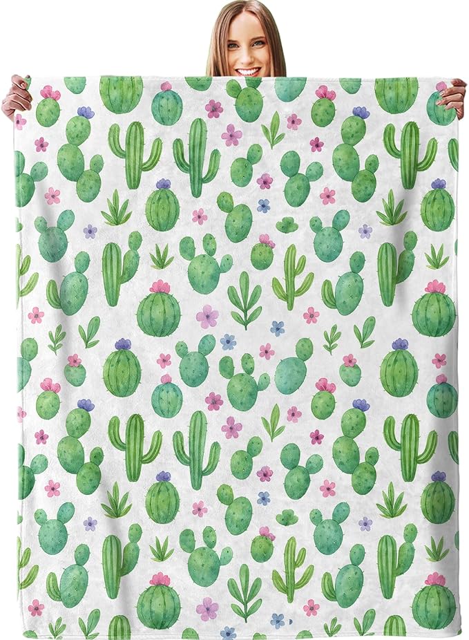 Watercolor Cactus & Flower Blanket - Plush, Soft, Comfy, Lightweight, Warm, Fuzzy, Cozy Flannel Throw Blanket for Couch, Travel, Bed, Office, Outdoor - 60in×80in