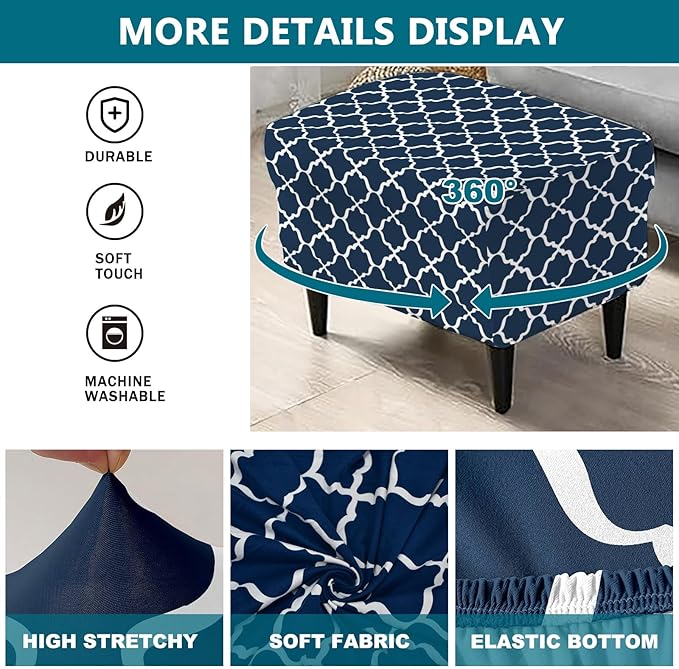 KRFOONN Stretch Ottoman Cover Slipcovers Rectangle Fit Length 27"-35" Footrest Stool Covers Printed Ottoman Cover for Foot Stool Furniture Protector with Non Slip Elastic Bottom, Color 28