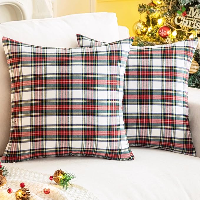 AQOTHES Pack of 2 Christmas Plaid Decorative Throw Pillow Covers Scottish Tartan Cushion Case for Farmhouse Home Holiday Decor Red and White, 22 x 22 Inches
