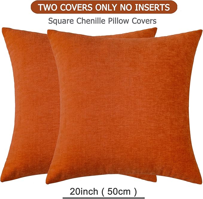GAWAMAY Decorative Square Throw Pillow Covers 20x20 Inch Set of 2, Super Soft Chenille Pillows Farmhouse Fall Pillowcase for Living Room Bedroom Sofa Couch Cushion Cover Burnt Orange 50x50cm/20x20