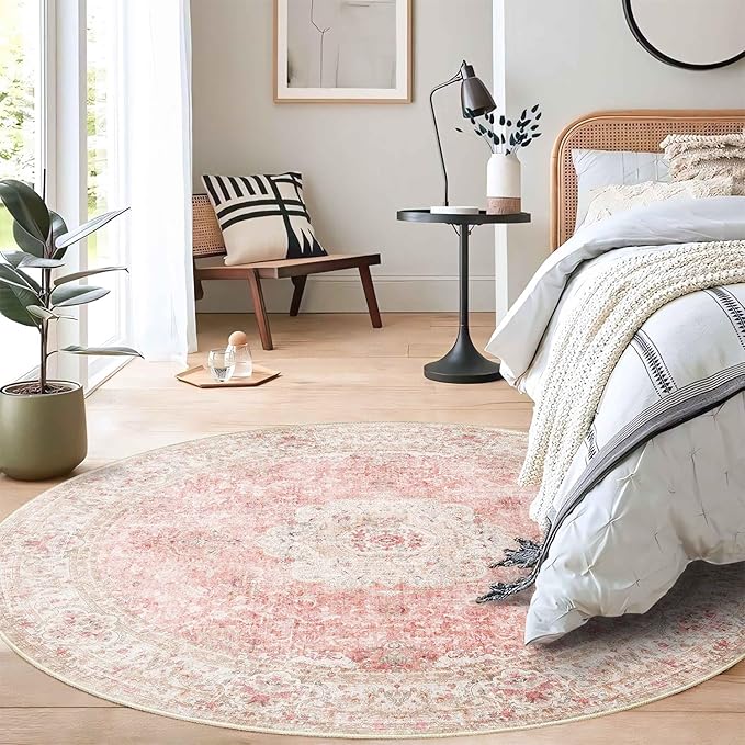 Pink Round Rug 5ft, Circle Boho Area Rugs for Bedroom Living Room,Washable Vintage Bohemian Distressed Oriental Floral Carpet Non Slip,Blush