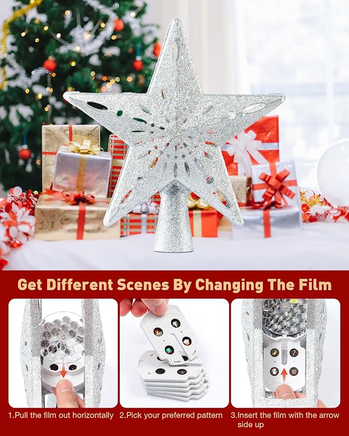 Christmas Tree Topper Lighted with 6 Patterns Projector, Christmas Star Tree Topper Built-in 3D Glitter LED Rotating Lights, Hollowed Christmas Tree Ornament for Xmas Party Holiday Decoration(Silver)