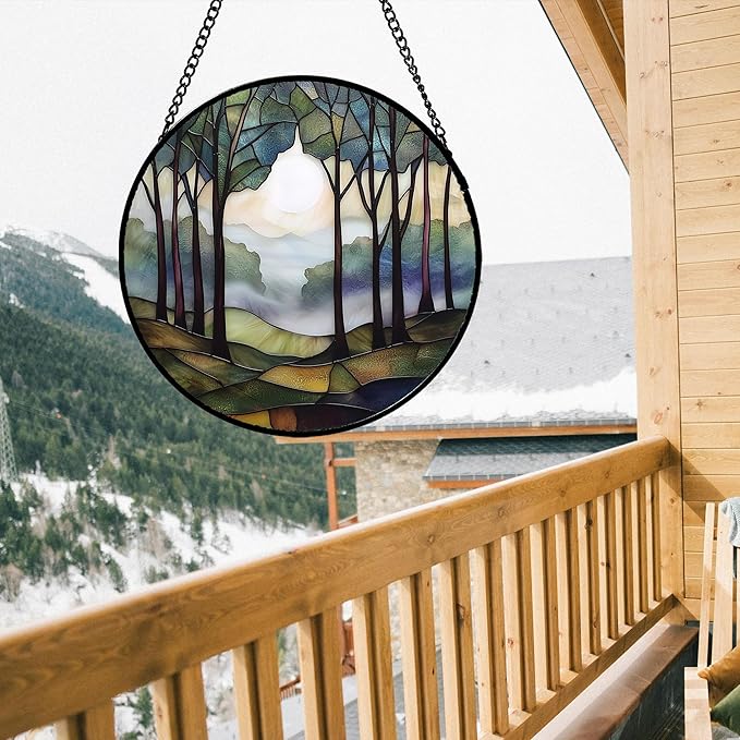 Stained Glass Window Hanging, Green Brown Smoke Forest Moon Suncatcher for Doors Window Home Tree Sun Catchers Decor Mother's Day Birthday Gifts for Women, Men Mom 6.3 in