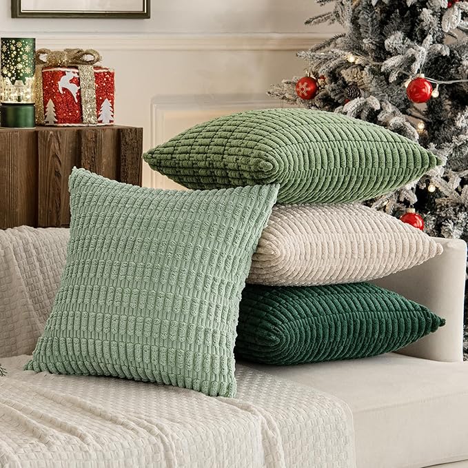 MIULEE Pack of 4 Summer Neutral Corduroy Decorative Throw Pillow Covers 20x20 Inch Farmhouse Boho Rustic Soft Striped Pillow Covers Home Decor for Sofa Living Room Couch Bed Green