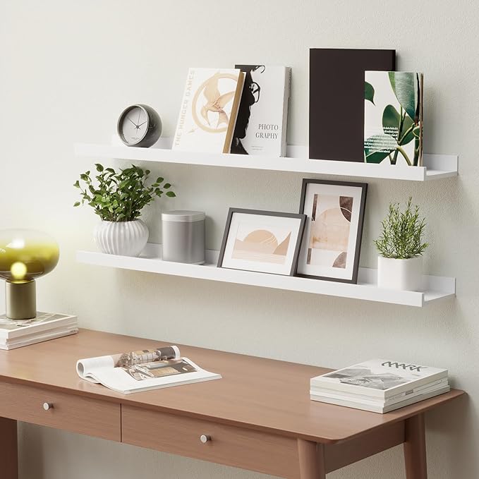 36 Inches Long Floating Shelves Wall Mounted,2 Set Modern White Shelf for Bedroom,Nursery Book with Lip,Picture Ledge Decor Living Room Bathroom Kitchen-White,35.4 In