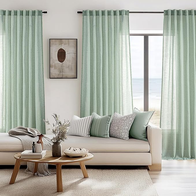 ANRODUO Extra Long Sage Green Linen Curtains 120 inch Length 2 Panels Green Neutral Farmhouse Living Room Drapes Light Filtering Semi Sheer Linen Drapes 120 inches Long for Floor to Ceiling Window