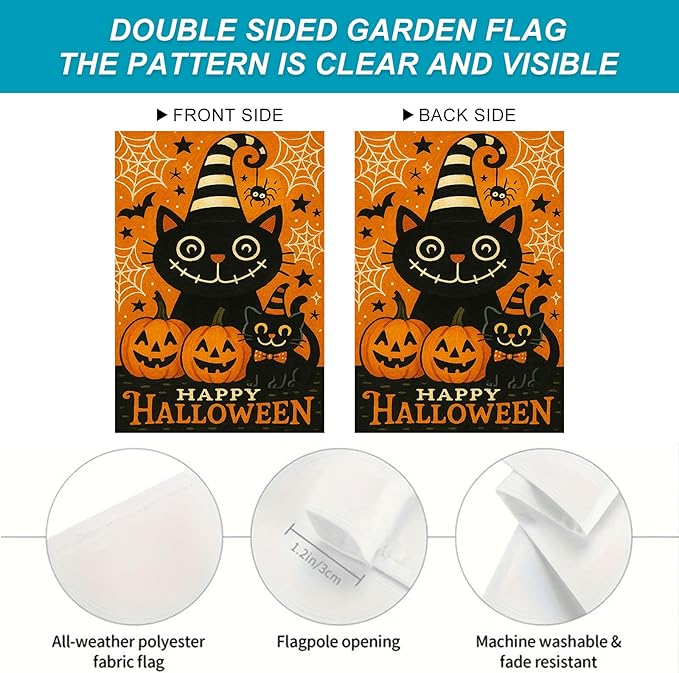 Halloween Garden Flag Black Cat Pumpkin Double Sided 12x18 Inch Trick Or Treat Fall Outdoor Flag Spooky Ghost Spider Web Sign for Lawn Yard Porch Party Seasonal Holiday Halloween Decoration
