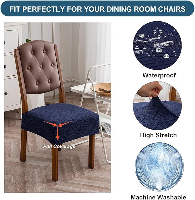 Removable and Washable Seat Covers for Dining Room Chairs Set of 6 - Waterproof Stretch Chair Seat Slipcovers, No Back Covers