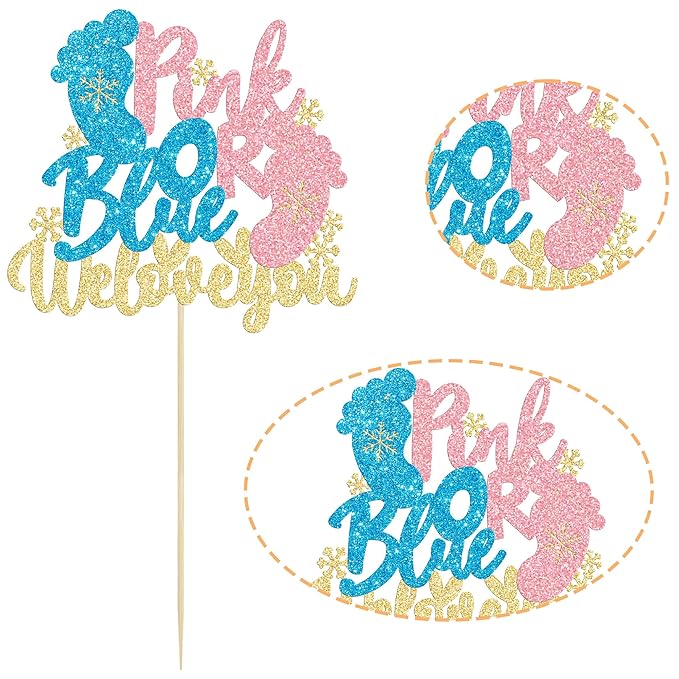 Gyufise 1 Pack Pink or Blue We Love You Cake Topper Glitter Winter Gender Reveal Cake Topper Snowflake Gender Reveal Cake Decorations for Winter Baby Shower Christmas Party Decoration