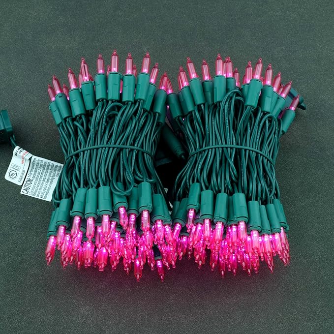 YULETIME Pink LED Christmas Lights 200 Count 50 ft, Pack of 2 Strands 25 ft 100 Lights UL Certified String Light Set (Pink)