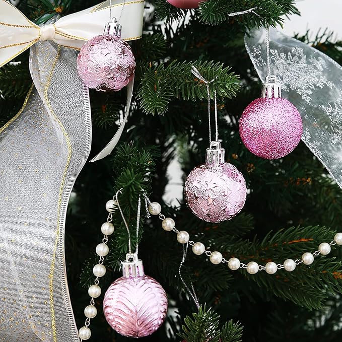 34ct Pink Mini Christmas Ball Ornaments Shatterproof Plastic Christmas Tree Decorations for Xmas Party Home Office Holiday Decor -Small Size (1.57"/ 40mm)