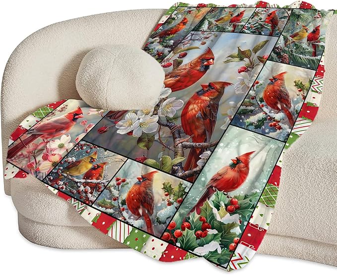 Red Birds Blanket Christmas Bird Throw Blankets Plush Cozy Flannel Fleece Ultra Soft Fuzzy Flower Party Blanket Gifts for Girls Women Men Boys Kids Bed 50"X40"