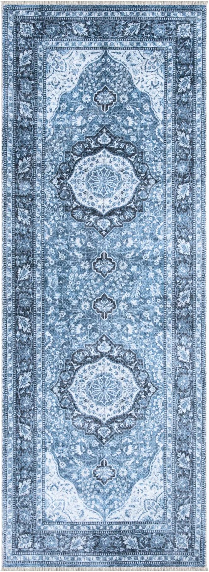 Bloom Rugs Caria Washable Non-Slip 10 ft Runner - Blue Traditional Runner for Entryway, Hallway, Bathroom, and Kitchen - Exact Size: 2'6" x 10'