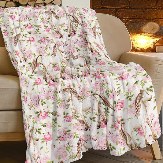 Horse Floral Blanket Pink Cute Horse Baby Throw Blanket Super Soft Plush Lightweight Warm Fleece Flannel Decor Blanket Gifts for Girls Women Boys Men Kids for Sofa Couch Bed 60"X80"