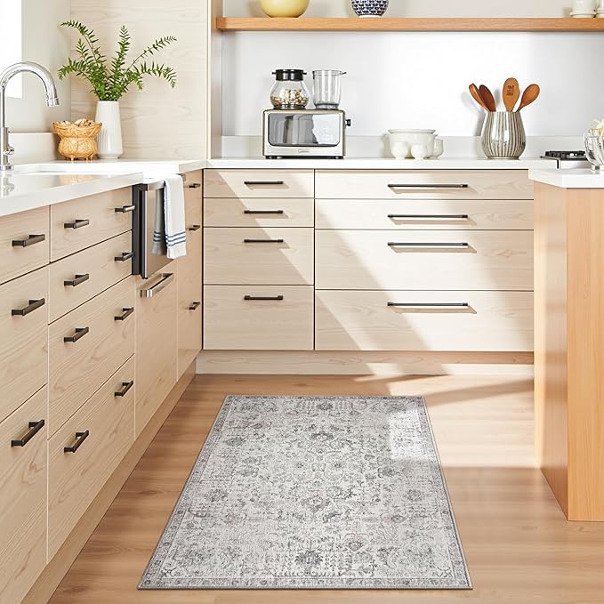 jinchan Kalen Area Rug 2x3 Washable Entryway Rug Vintage Doormat Indoor Entrance Lightweight Thin Retro Distressed Door Mat Floral Print Gray Country Boho Non Slip Carpet for Bathroom Bedroom Grey
