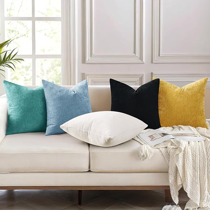 decorUhome Chenille Turquoise Throw Pillow Covers 22x22 Inch Set of 2, Decorative Soft Couch Pillow Covers Solid Dyed Accent Farmhouse Neutral Square Pillow Cases for Sofa Bed Living Room