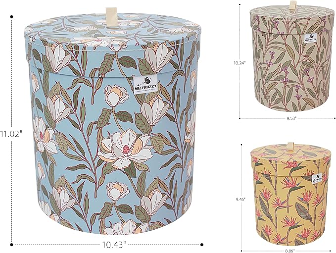 3-Piece Decorative Storage Boxes with Lids, Blue Magnolia, Beige Lavender, Yellow Paradise, Cardboard Keepsake Box Set, Wool Storage, Home Decor, Modern Decoration Organizer, Toy Bin