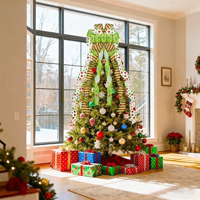 Christmas Tree Topper 48" x 13", Red Large Velvet Bow with Long Streamers, Wired Edge Decorative Bow for Wreath Door Holiday Party Festival Xmas Decoration Supplies-Green