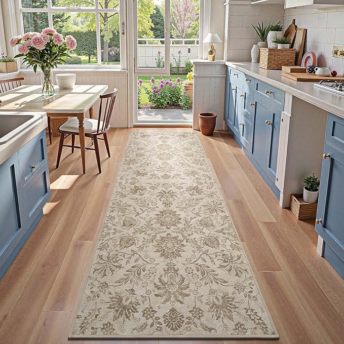jinchan Torino Runner Rugs 3x8, Vintage-Inspired Floral Neutral Design Machine Washable Non-Slip Ultra-Thin Low-Pile Rubber Backing Traditional Rug for Kitchen Hallway Laundry Room Entryway Taupe