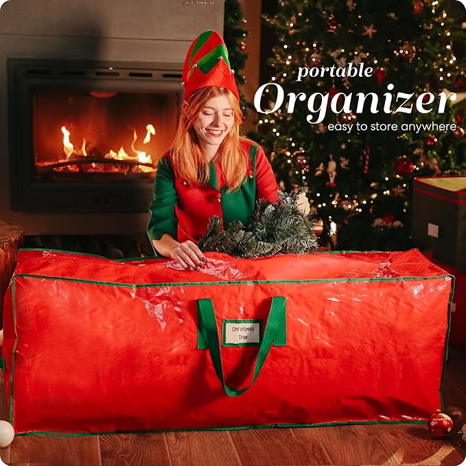 Christmas Tree Storage Bag - Stores 9 Foot Artificial Xmas Holiday Tree, Durable Waterproof Material, Zippered Bag, Carry Handles - Protects Against Dust, Insects and Moisture (Red)