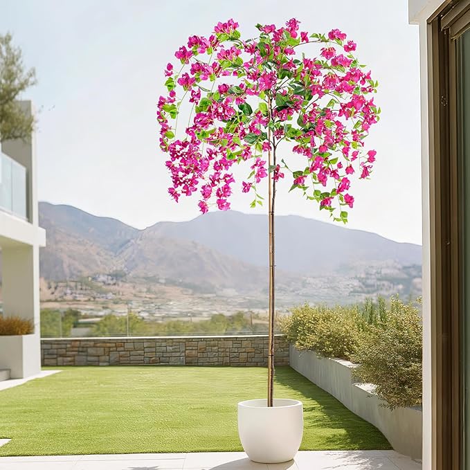 7.2FT Artificial Bougainvillea Tree Artificial Tree Tall Potted Fake Bougainvillea Trees for Outdoor Indoor Lifelike Potted Faux Plants with Wood Trunk and Flowers Office Wedding Home Decor
