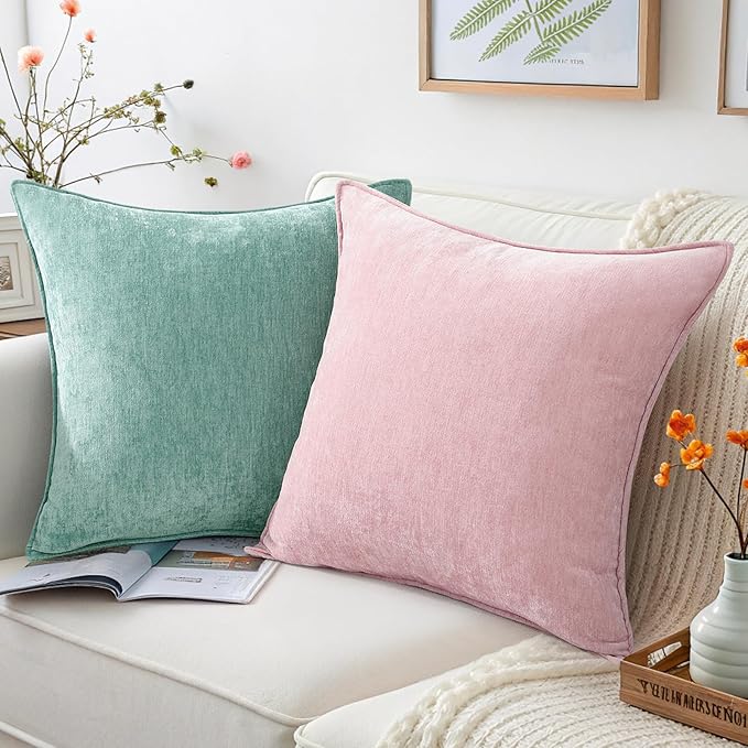 decorUhome Christmas Couch Throw Pillow Covers 20x20 Set of 2, Decorative Soft Euro Velvet Neutral Chenille Pillow Covers with Elegant Design for Sofa Bed Living Room Home Decor, Aqua Haze