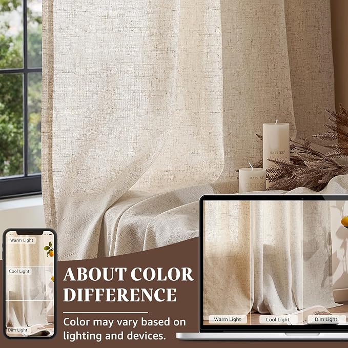 jinchan Extra Long Linen Blend Curtain 108 Inches Long 1 Panel for Sliding Door, Light Filtering 100 Inches Extra Wide Patio Door Natural Drape with Rod Pocket Back Tab (100W x 108L, Ecru)
