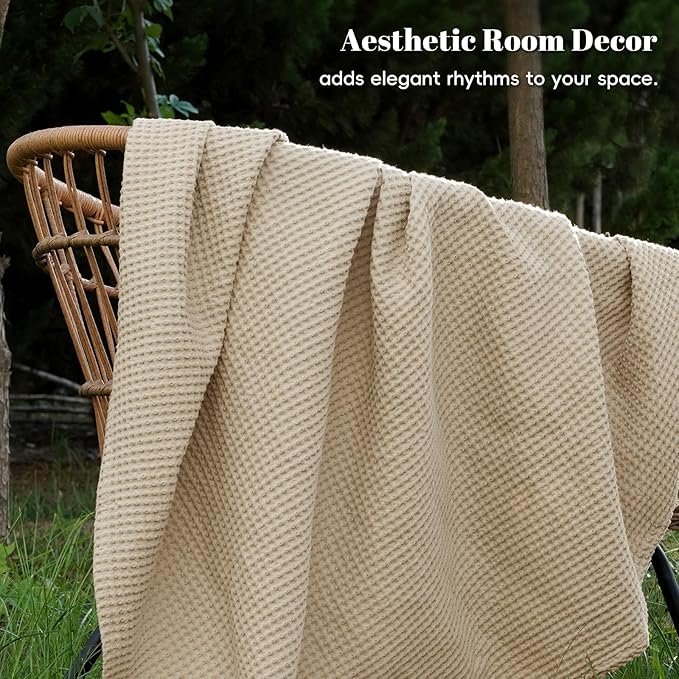 PHF 100% Cotton Waffle Weave Blanket Queen Size for Bed,Snag Proof Lightweight Breathable Throw for Couch,Great for Layering in Cold Weather,Machine Washable, Home Decor Gift-Khaki/Simply Taupe