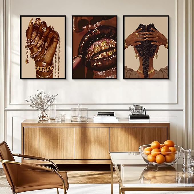 Pouydmi Black Girl Wall Art African Woman Canvas Wall Decor Black Women People Art Painting Gold Fashion Poster African American Girl Pictures for Bedroom Living Room 12x16x3 Inch Unframed