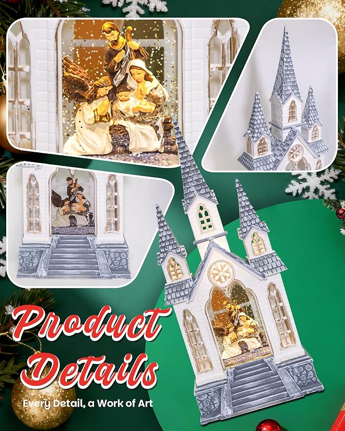 Large Christmas Church Nativity Snow Globe Light up Snowglobe with Music, 9.84" White Christmas Snow Globes for Kids Adults, 6H Timer & Dual Power, Angle Snowglobes Christmas Decorations Indoor