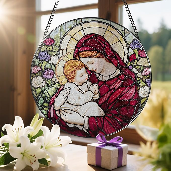 8 Inches Virgin Mary Stained Glass Suncatcher, Stained Glass Window Hanging, Christian Window Decor, Religious Christmas Ornament, Christian Gift, Religious Gift, Gifts for Christmas
