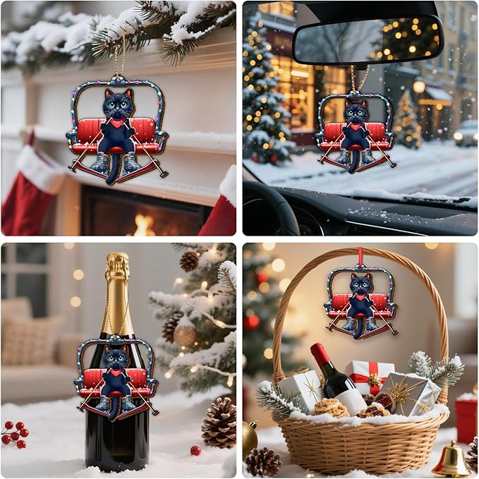 34HD Black Cat Christmas Ornament 2025 - Wooden Hanging Xmas Tree Ornament Decoration, Christmas Keepsake Gifts and Home Decor for Cat Lovers and Ski Fans