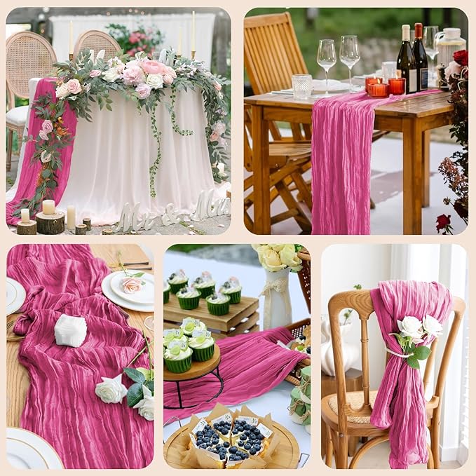 12PCS Table Runner Cheesecloth 10FT Deep Pink Boho Gauze Cheese Cloth Rustic Sheer Table Runners for Wedding Birthday Bridal Baby Shower Party Decoration