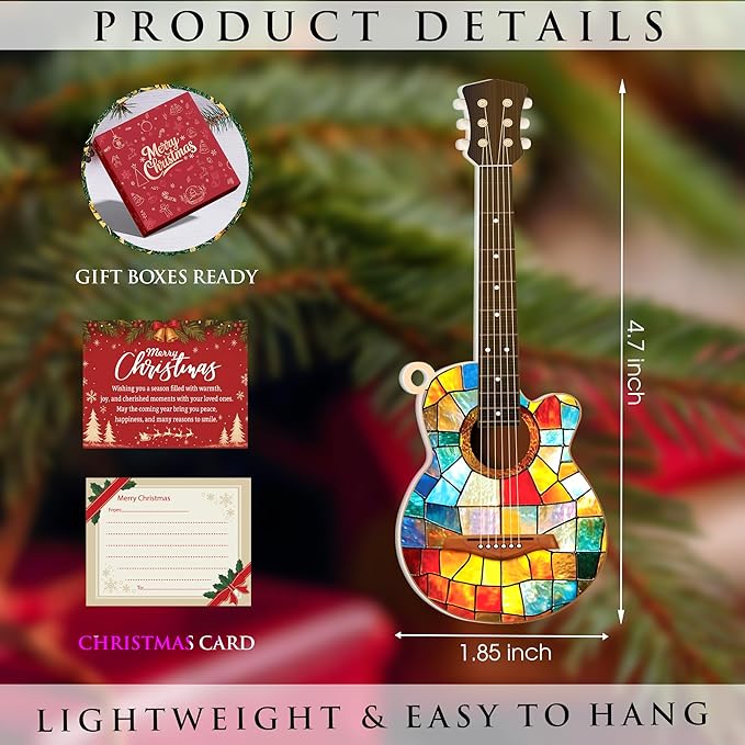 Acrylic Guitar Ornament, Double-Sided Stained Glass Style Music Ornament for Christmas Tree, Gift for Musicians, Guitar Players & Music Lovers, Holiday Decor with Suncatcher Effect
