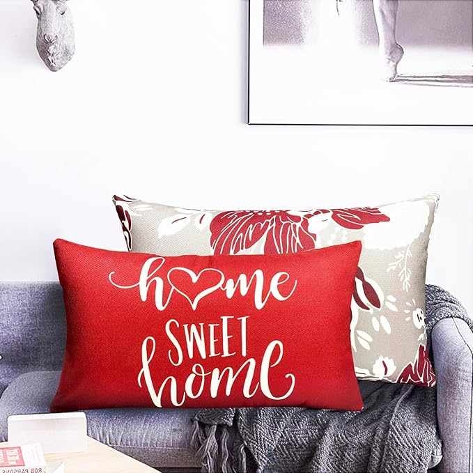 Decorative Throw Pillow Covers Set of 4 Wine Red Pillow Covers 12x20 inch Throw Pillow Cases Linen Square Pillow Case,Farmhouse Outdoor Modern Boho Pillow Covers for Couch Sofa Living Room
