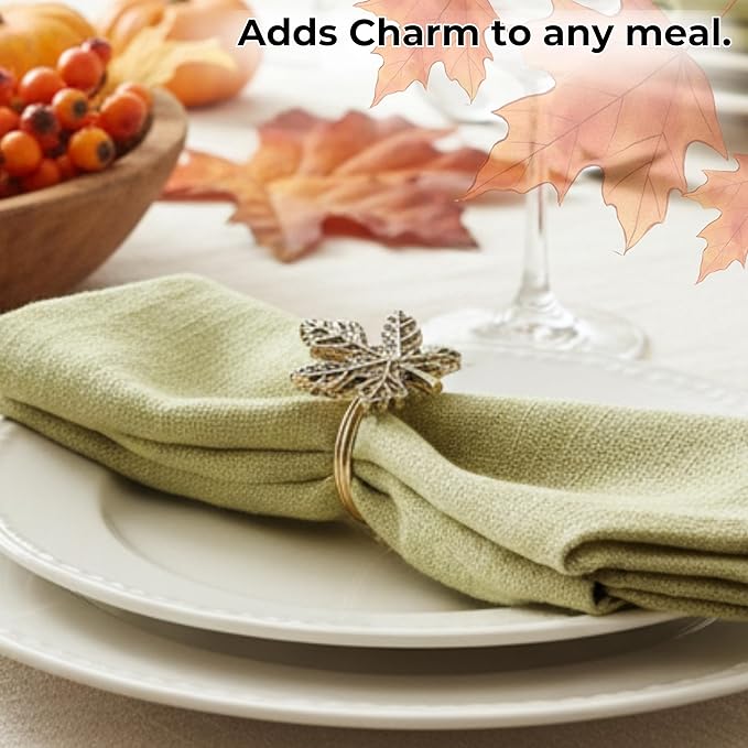ALPHA Living HOME 12-Piece Metal Napkin Rings - Antique Gold Harvest Leaf Napkin Rings - Decorative Table Accents for Holiday Party, Dinner, Family Gatherings, Table Décor Weddings & Everyday Use