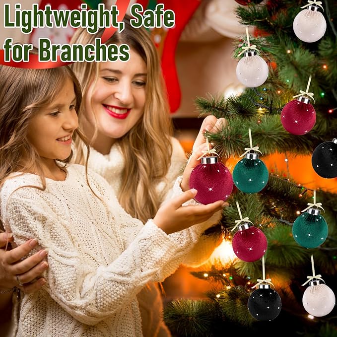 TonJin Christmas Tree Ornaments Velvet Balls 12 Pack, 2.36"/60mm Glitter Shatterproof Hanging Flocked Xmas Bulbs Decorations, Lightweight, 4 Colors Red Black Sage Green Beige,Holiday Party Home Decor