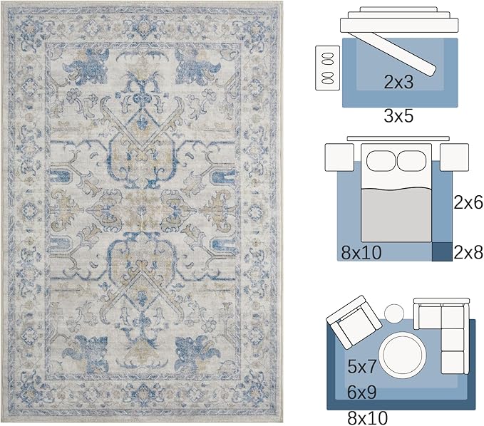 jinchan 3x5 Machine Washable Area Rugs for Entryway - Distressed Vintage Floral Ultra-Thin Low-Pile Soft Non-Shedding Indoor Floor Carpet for Kitchen Bedroom Entrance Laundry Living Room(3x5ft, Blue)