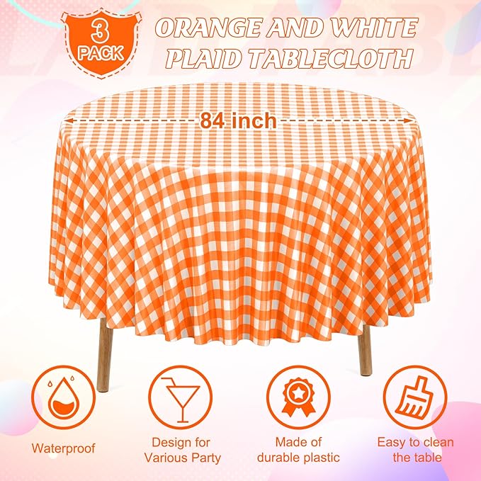 3 Pcs Orange and White Gingham Tablecloth Decorations, Disposable Round Orange Checkered Tablecloth Buffalo Plaid Table Cover for Thanksgiving Day Wedding Birthday Party Supplies,84 x 84 Inch