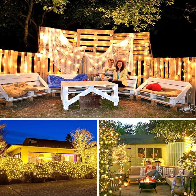 KNONEW 100FT Outdoor Christmas Fairy Lights Plug in,300 LED String Lights Outdoor Waterproof 8 Modes for Wedding Bedroom Walls Garden Trees Decoration(Warm White)