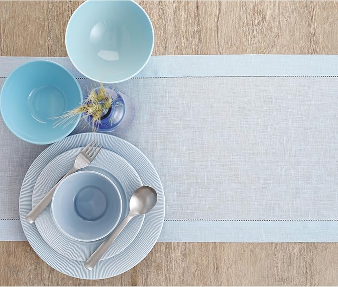 Solino Home Linen Light Blue Table Runner 108 Inches Long - 100% Pure Linen 14 x 108 Inch Table Runner for Winter, Spring, Easter - Classic Hemstitch