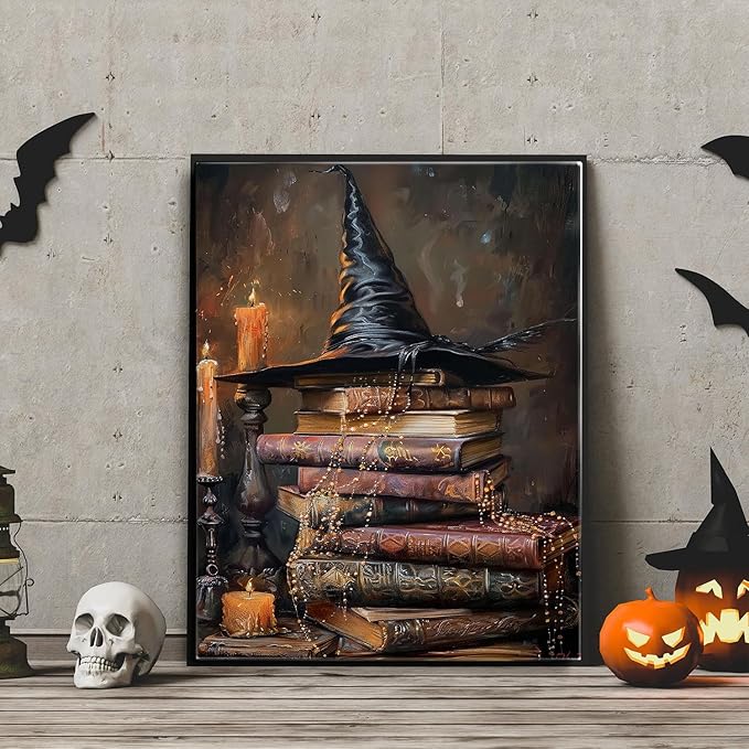 Vintage Halloween Witch Art Canvas Print - Cottage Witchy Hat and Magic Books Wall Art, Witch Painting for Reading Room, Bedroom, Dorm Decor - 08x10inch Unframed