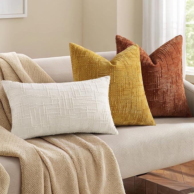 decorUhome Fall Rust Chenille Throw Pillow Covers 18x18 Set of 2 Thick Textured Slubby Couch Pillow Covers Farmhouse Accent Modern Neutral Decorative Pillow Cases for Bed Sofa Living Room