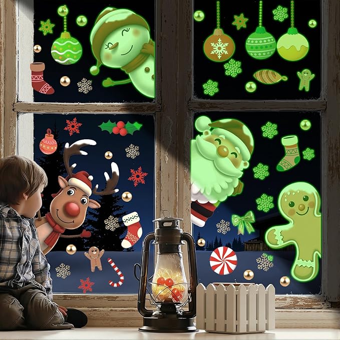 Merry Christmas Luminous Window Sticker,Christmas Window Decorations,Xmas Luminous Decoration,Winter Snowman Window Clings,Snowflake Santa Claus Reindeer Wall Decals for Home Party Office Room